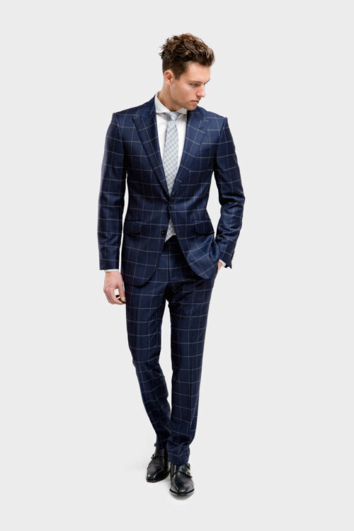 blauw met grijs geruite trouwpakken TP0010