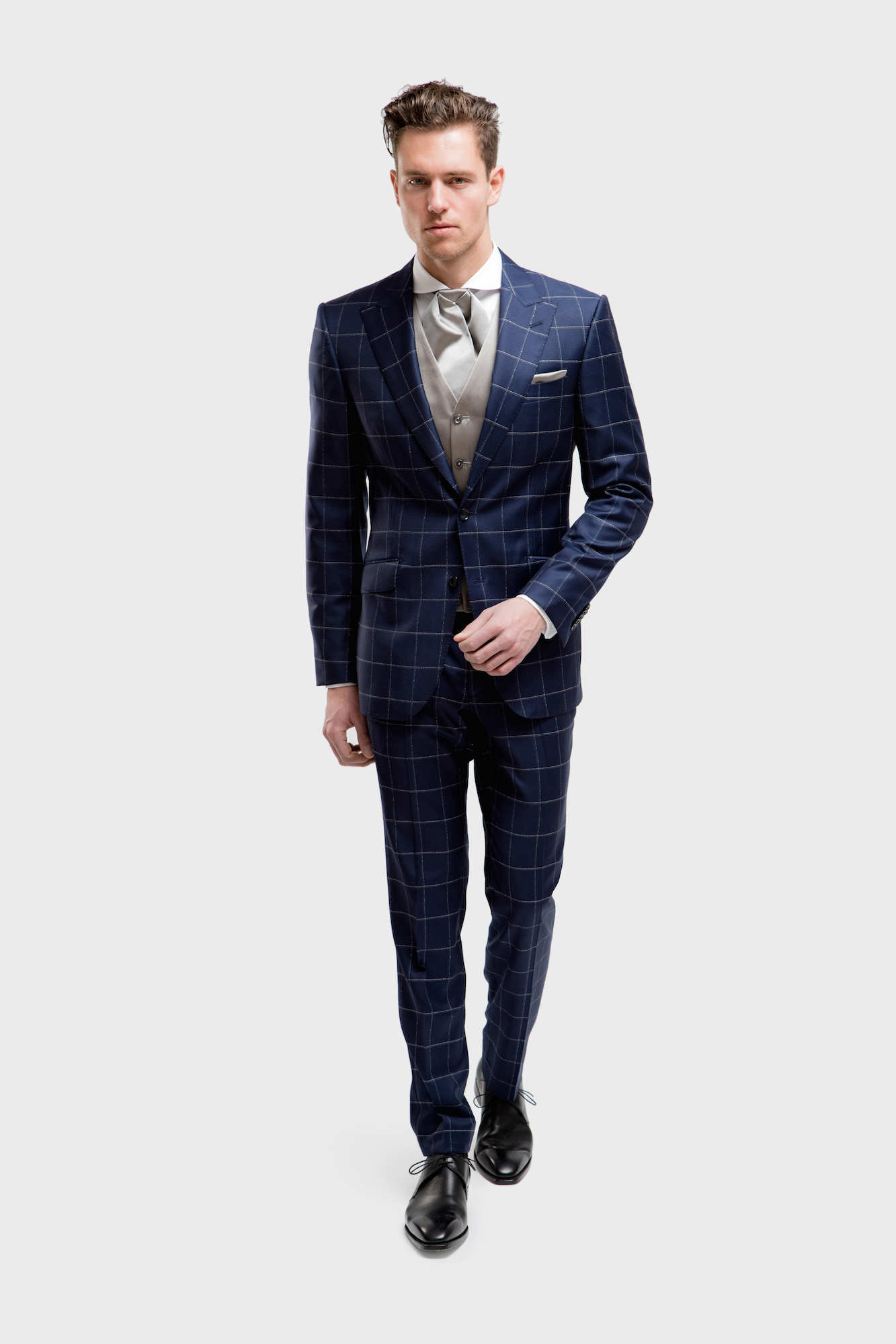 blauw met beige geruite trouwpakken TP0011