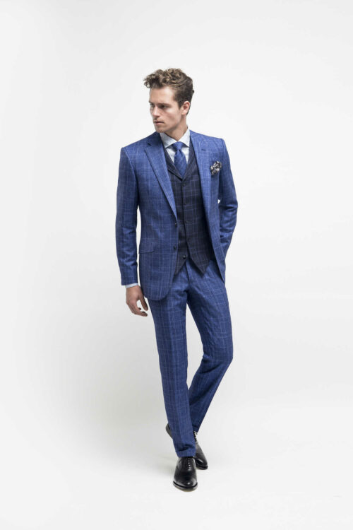 drie delen blauw geruite trouwpakken TP0027
