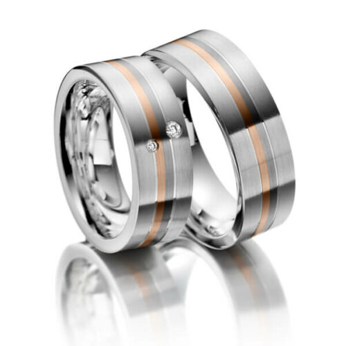 TR0525 model in grijs met wit en rood mat 7 mm Trouwringen set kopen bestaande uit een vrouw en mannen ring met of zonder diamanten steen