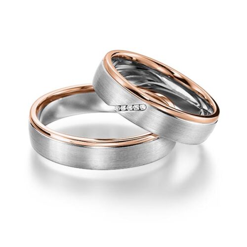 TR0534 model in wit met rood mat glans 5 mm Trouwringen set kopen bestaande uit een vrouw en mannen ring met of zonder diamanten steen