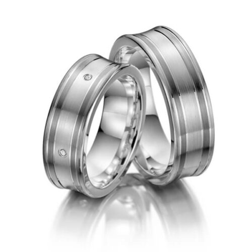 TR0549 model in grijs met wit mat 7 mm Trouwringen set kopen bestaande uit een vrouw en mannen ring met of zonder diamanten steen
