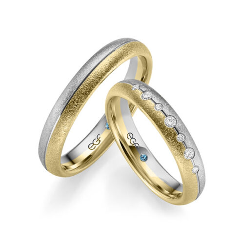 TR0614 model in wit en geel glamour mat 4 mm Trouwringen set kopen bestaande uit een vrouw en mannen ring met of zonder diamanten steen