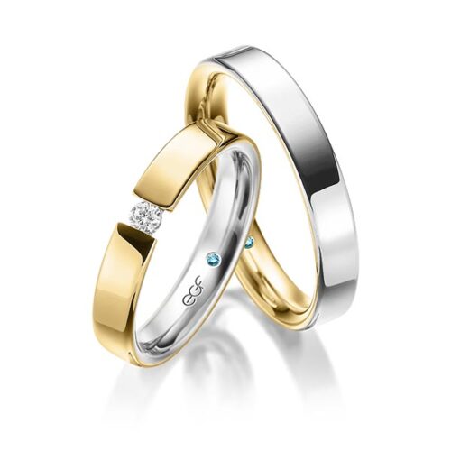 TR0615 model in geel en wit glans 4 mm Trouwringen set kopen bestaande uit een vrouw en mannen ring met of zonder diamanten steen