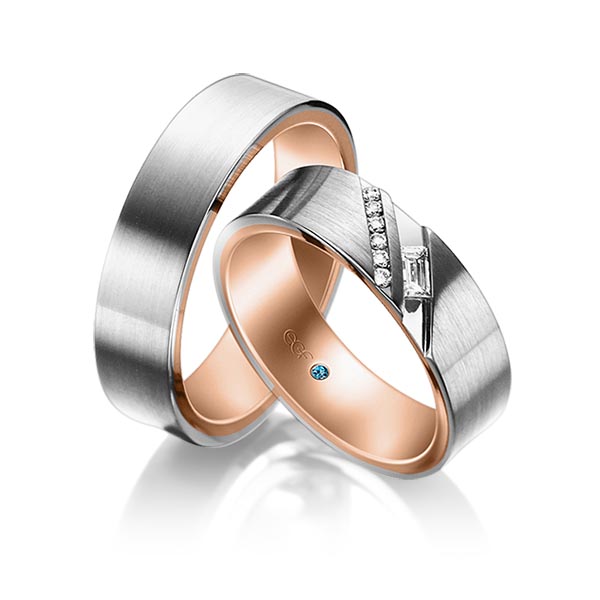 TR0841 model in wit met rood mat glans 6 mm Trouwringen set kopen bestaande uit een vrouw en mannen ring met of zonder diamanten steen