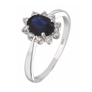 diamant witgouden entourage ring met blauw saffier