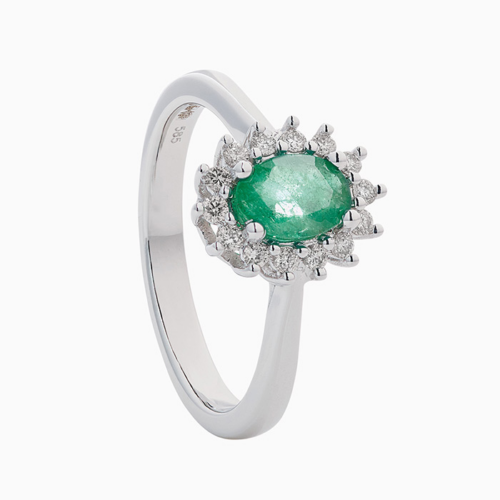 SMAVLady20WG Eclat ring witgoud met smaragd Kleurstenen entourage ring met diamanten halo ring met smaragd rozet verlovingsring