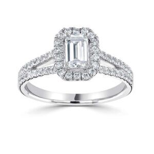 damesring witgoud met emerald geslepen lab grown diamant